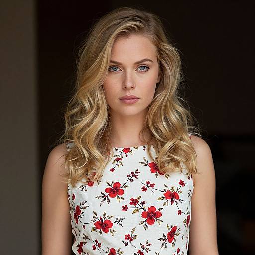 Photograph of a blonde woman with wavy hair, blue eyes, wearing a white sleeveless dress with red floral patterns, against a dark background.