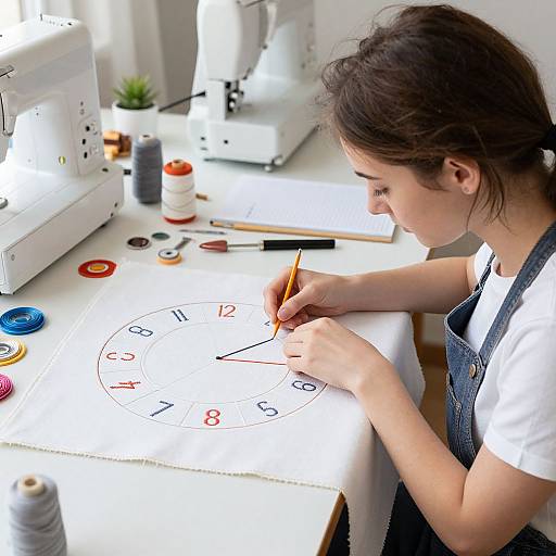 Young woman with brown hair in denim overalls, drawing a clock on white table with sewing machine, threads, and buttons in background.