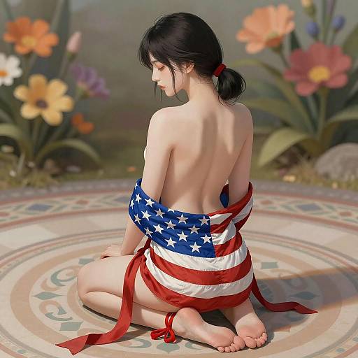 Patriotic Woman Kneeling Digital Illustration