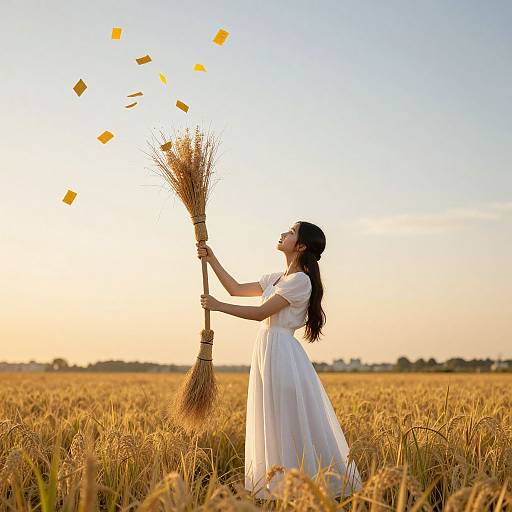 Photograph of a woman with long black hair in a white dress, holding a straw bundle, scattering yellow squares in a golden wheat field at sunset.