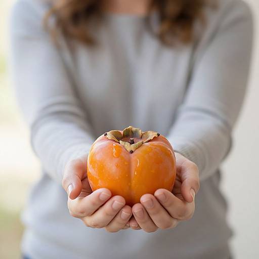 Photograph of a person with curly brown hair, wearing a gray long-sleeve shirt, gently offering a bright orange, slightly bruised apple with
