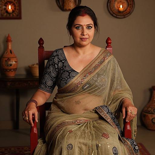 Photograph of an Indian woman with dark hair, wearing a green and gold saree with black and silver embroidery, seated on a red wooden chair in