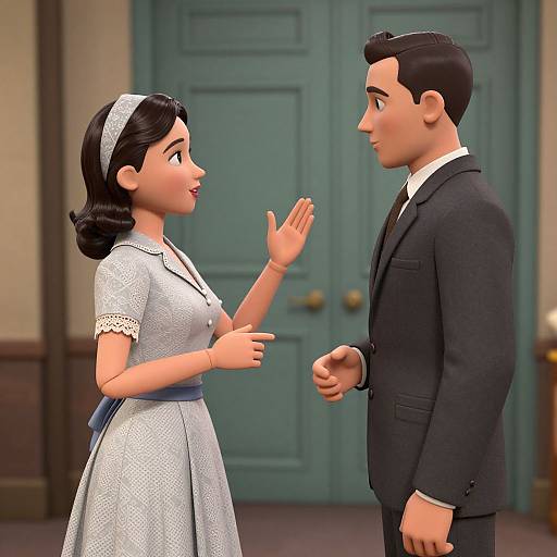 Digital illustration of a 1950s-style couple standing in front of teal double doors. She points, wearing a blue-gray dress and white headband
