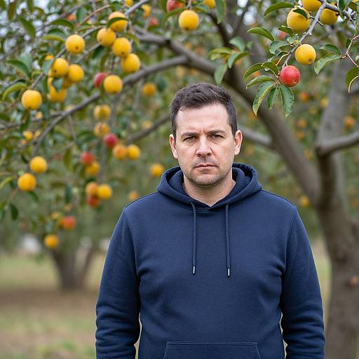 Photograph of a serious, short-haired man in a black hoodie standing in front of a colorful orange tree with yellow and red fruits.