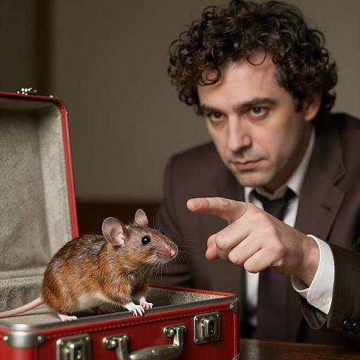 Man Pointing at Mouse in Suitcase