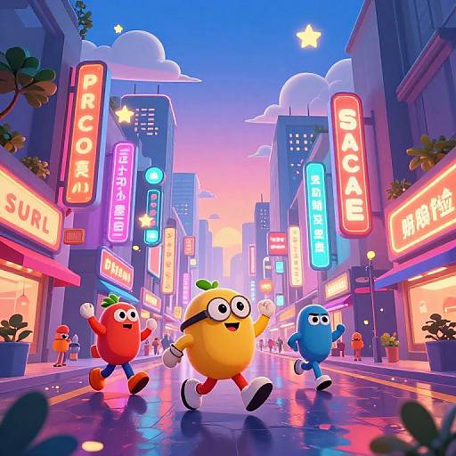 Vibrant digital illustration of cartoon fruit characters (yellow lemon, red cherry, blue blueberry) dancing in a neon-lit, bustling city street