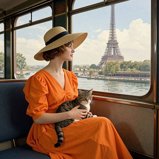 Photograph of a fair-skinned woman in a bright orange dress and straw hat, sitting on a Paris riverboat, holding a gray tabby cat