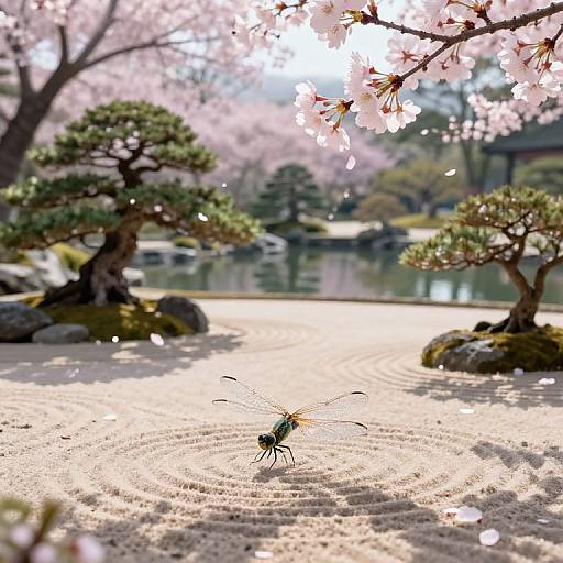 Photograph of a delicate green insect on sandy ground, surrounded by cherry blossom petals, with two bonsai trees and a serene pond in the background.