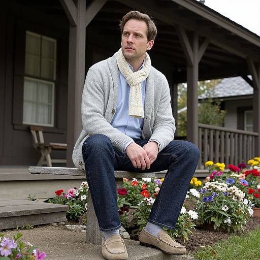 Photograph of a man with short brown hair, light beard, wearing a gray cardigan, white scarf, blue shirt, dark jeans, and beige