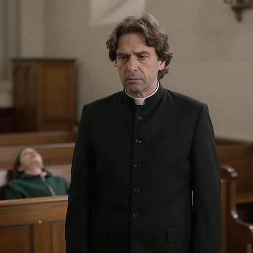 Somber Clergyman in Dimly Lit Church