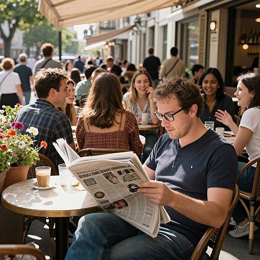 Man Reading Newspaper at Busy Café
