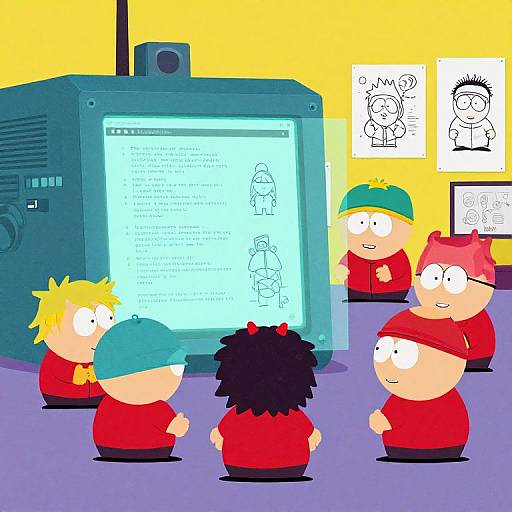 Cartoon of six children in red shirts, blue and green hats, watching an old TV screen with a stick figure drawing. Yellow wall, black-and