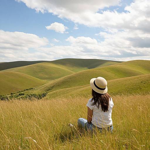 Photograph of a woman with long brown hair, wearing a white hat and white shirt, sitting in a golden grassy field, overlooking rolling green hills