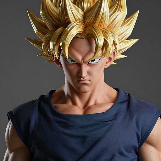 Digital illustration of muscular, golden-haired, blue-eyed Goku in a dark blue shirt, showcasing intense expression against a gray background.
