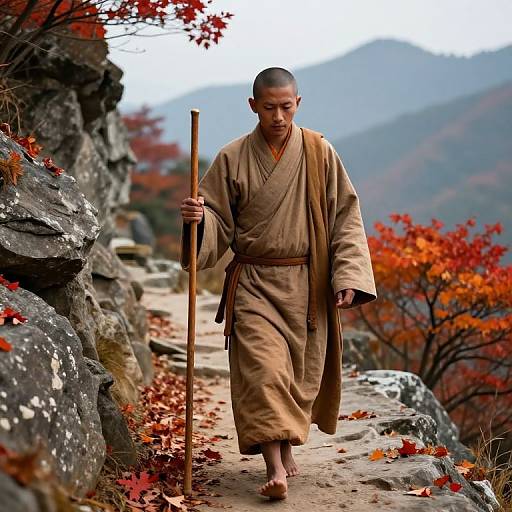 Photograph of a bald, Asian monk in a tan robe, walking barefoot on a rocky path with autumn leaves, holding a wooden staff, surrounded