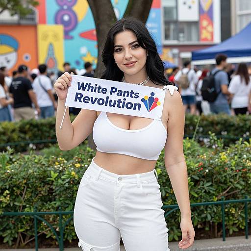 Photograph of a curvy woman with long black hair, wearing a white crop top and pants, holding a sign reading 