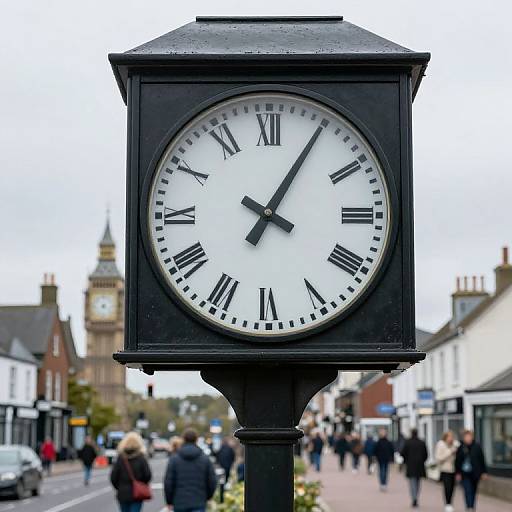 Photograph of a black, square, vintage-style clock with white face and black Roman numerals, set on a busy street with blurred pedestrians and historic