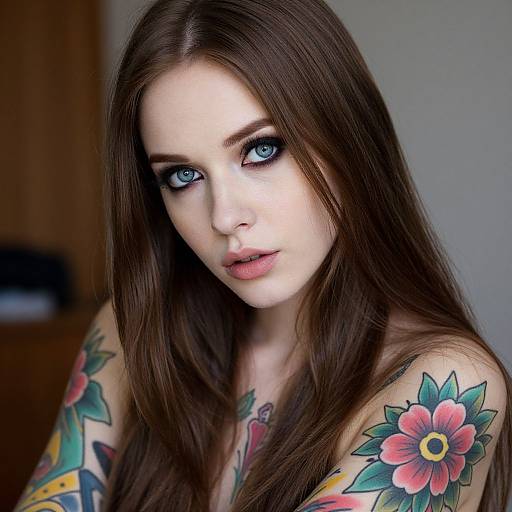 Photograph of a fair-skinned woman with long brown hair, striking blue eyes, and colorful floral tattoos on her shoulders. She gazes intently