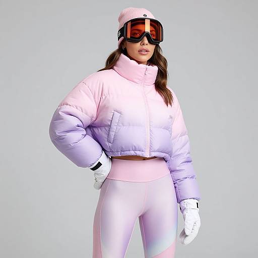 Photograph of a woman in a pink puffer jacket, white beanie, oversized ski goggles, white gloves, and light pink leggings, standing against