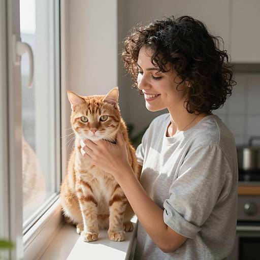 Woman Smiling with Orange Tabby Cat by Window