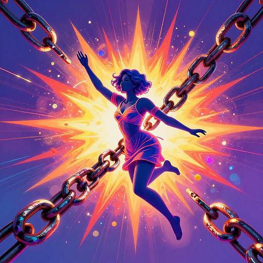 Silhouetted woman in short dress, arms outstretched, breaking through glowing, orange-yellow chains against a purple, starburst background. Digital
