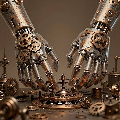 Photograph of two metallic, gear-driven robotic hands clasping over intricate brass and copper machinery, set against a muted brown background.