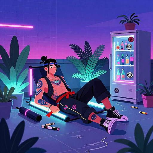 Cyberpunk Samurai Rooftop Chill