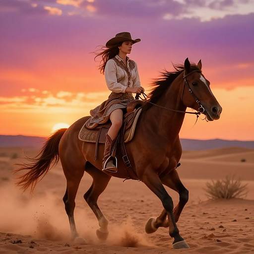 Photograph of a woman in cowboy attire riding a brown horse through a desert at sunset, with a vibrant orange and purple sky. Dust kicks up from