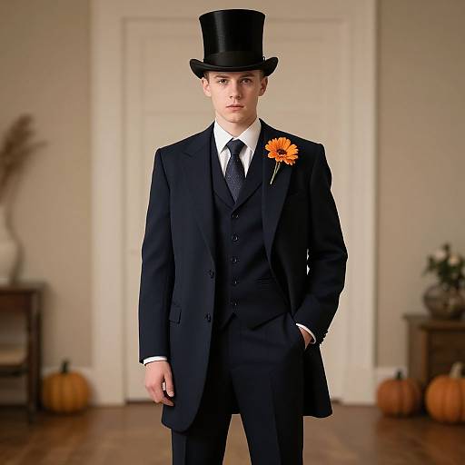 Photograph of a young man in a black three-piece suit, top hat, and orange flower boutonniere, standing in a room with pump