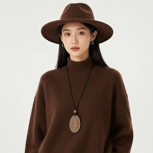 Photograph of an Asian woman with long black hair, wearing a brown wide-brimmed hat, brown turtleneck sweater, and large pendant necklace