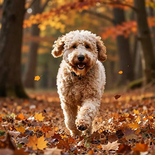 Photograph of a curly, beige dog joyfully running through a forest covered in autumn leaves, with vibrant orange and yellow foliage in the background.