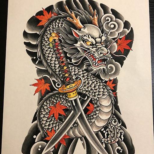 Ink drawing of a fierce, traditional Japanese dragon with sharp horns, scales, and yellow eyes, holding crossed swords, surrounded by red autumn leaves.