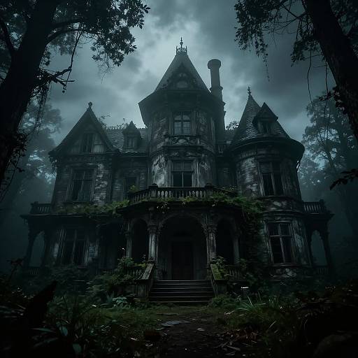 Mysterious, dark, Gothic-style, eerie Victorian mansion with weathered wood, overgrown with vines, shrouded in fog, and surrounded by