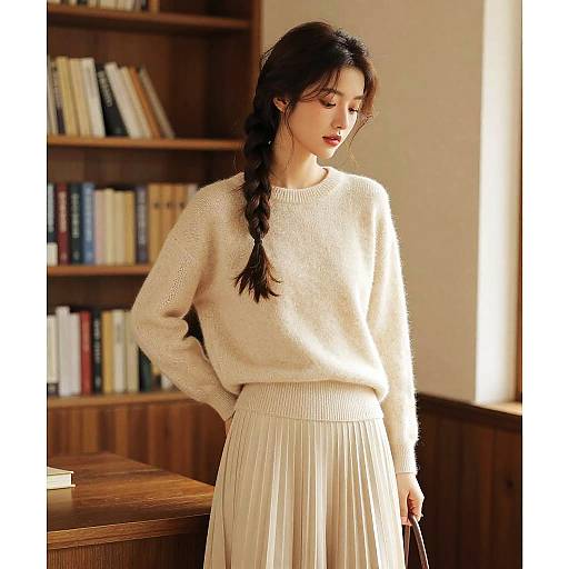 Photograph of an Asian woman with long braided hair, wearing a white knit sweater and pleated skirt, standing in a sunlit library with wooden
