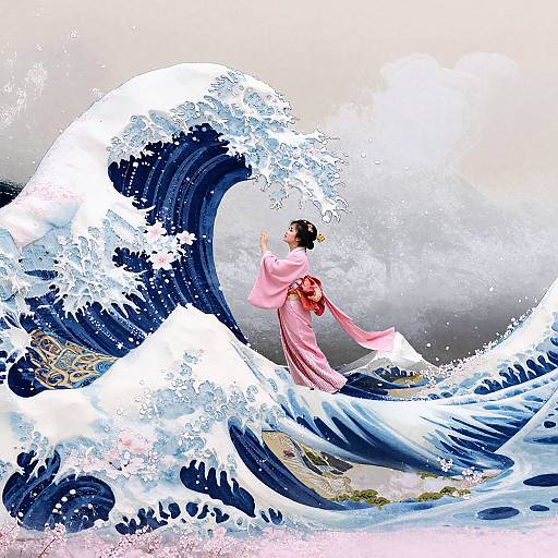 Surreal Cherry Blossom Wave Seascape