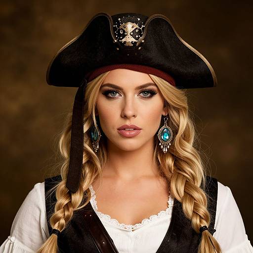 Photograph of a fair-skinned woman with long blonde braids, wearing a black pirate hat, turquoise earrings, white blouse, and black vest,