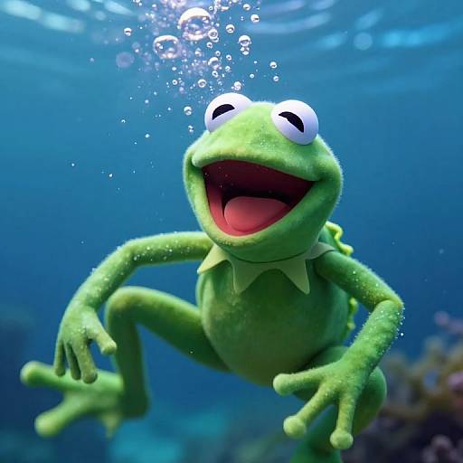 Photograph of Kermit the Frog underwater, smiling widely with wide eyes, green skin, and bubble trail above, surrounded by blue water.