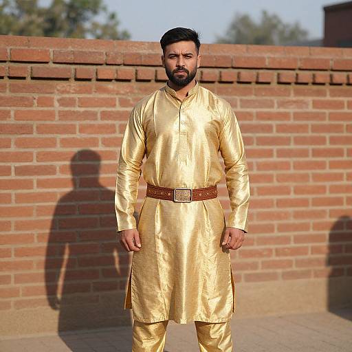Photograph of a bearded man with dark hair, wearing a shiny gold traditional Pakistani kurta and pants, brown belt, standing against a red brick