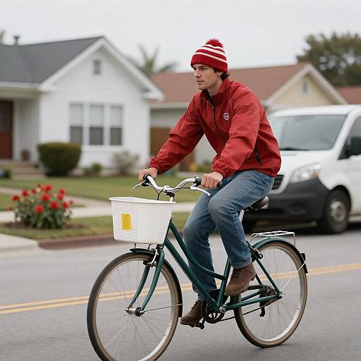 Man on Bicycle in Suburban Setting