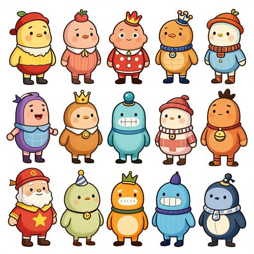 Charming digital cartoon of 15 adorable, chubby characters in colorful outfits, including hats, scarves, and crowns, standing in a grid on