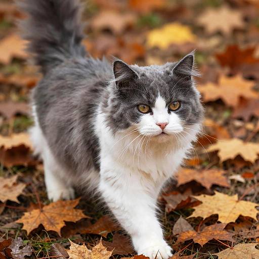 Photograph of a fluffy gray and white cat with striking yellow eyes walking through an autumn forest floor covered in orange and brown leaves.