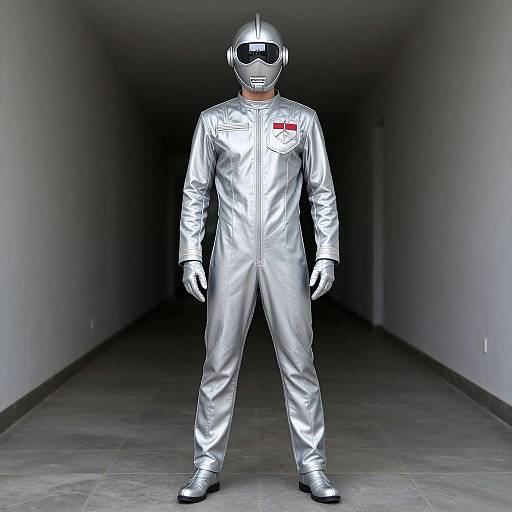 Photograph of a person in a shiny silver motorcycle suit, helmet, and gloves, standing in a dimly lit, empty hallway.