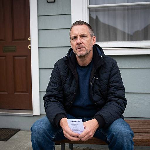 Photograph of a middle-aged man with short brown hair, stubble, wearing a black puffer jacket and blue jeans, sitting on a bench holding