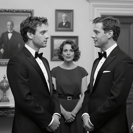 Black and White Portrait of Two Men and Woman in Formal Attire