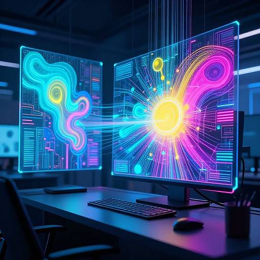 Neon-lit computer screens displaying vibrant, colorful, abstract digital patterns on a dark office desk, with a keyboard and mouse in the foreground.