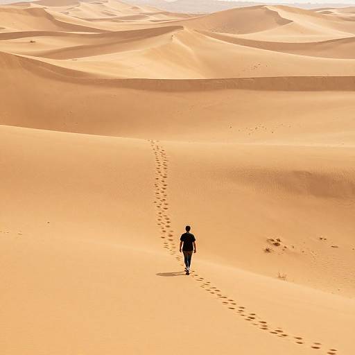 Photograph of a lone figure in black walking through endless, sunlit golden sand dunes, leaving a trail of footprints behind.