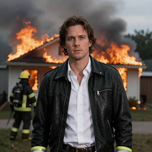 Man in Leather Jacket Standing in Front of Burning House