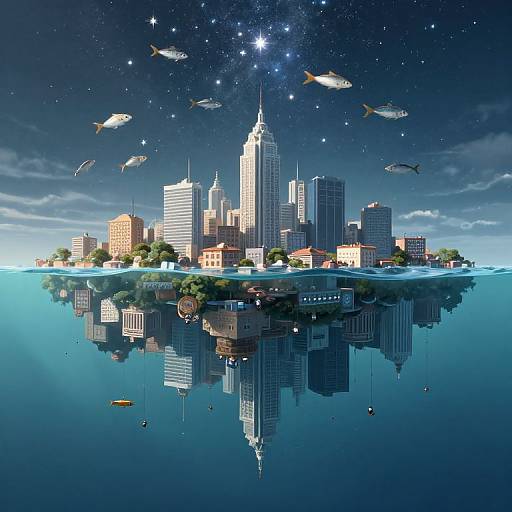 Surreal Floating City with Upside-Down Reflection and Star Fishing