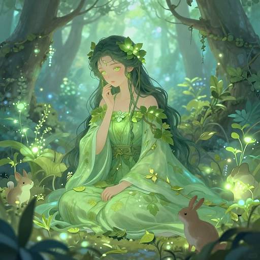 Digital fantasy artwork: Green-eyed, long-haired woman in leafy green dress sits in enchanted forest, surrounded by glowing fireflies, rabbits, and foliage
