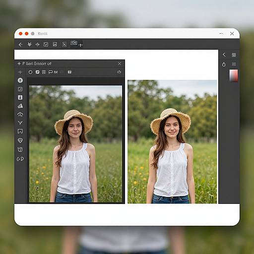 Photograph of a young woman with long brown hair, wearing a straw hat and white sleeveless blouse, standing in a green field, displayed in a